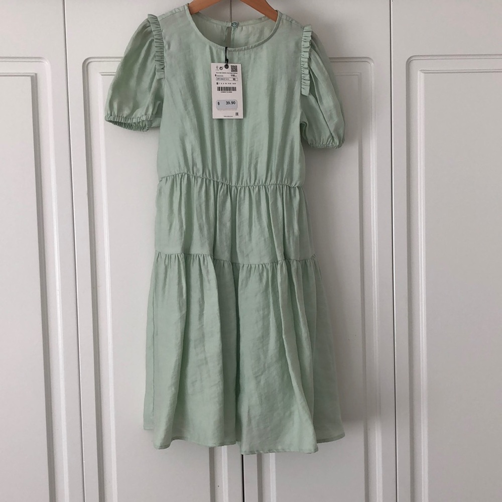 NWT Zara Kids Mint Green Puff Sleeve Dress Size 6